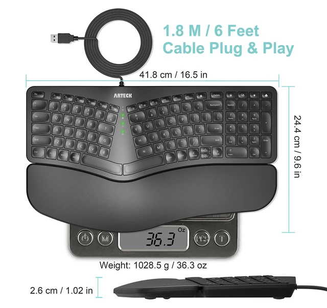 Alt view image 12 of 14 - Split Ergonomic Keyboard with Palm Rest, USB Wired Backlit Keyboard