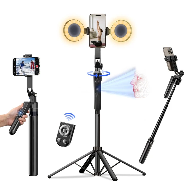 Alt view image 8 of 14 - Auto Face Tracking Tripod for iPhone with Light, No APP Needed 70.9" Tripod | iPhone Stand for Video Recording, Selfie Stick Tripod Follows Your Movement with Remote for Content Creator Vlog Live