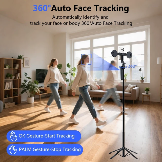 Alt view image 9 of 14 - Auto Face Tracking Tripod for iPhone with Light, No APP Needed 70.9" Tripod | iPhone Stand for Video Recording, Selfie Stick Tripod Follows Your Movement with Remote for Content Creator Vlog Live