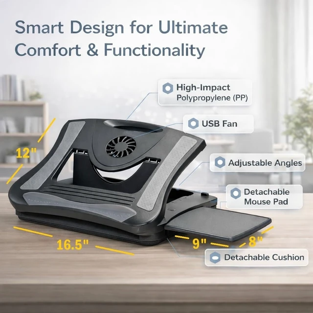 Alt view image 9 of 14 - Laptop Lap Pad Laptop Stand with Attached Mouse Pad, Cushion and USB Cooling Fan, Non-Slip Heat Shield Tablet Computer Stand for Sturdy Work Station for Home, Office, Bed Sofa, Couch and Car