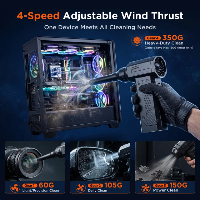 Alt view image 12 of 14 - Compressed Air Duster, 350g High-Thrust Electric Air Duster for PC | Deep Cleaning,Rechargeable,4-Speed Adjustable,LED Light,110K RPM,Hurricane-Force,for Computer Keyboard, House, Outdoor, Car