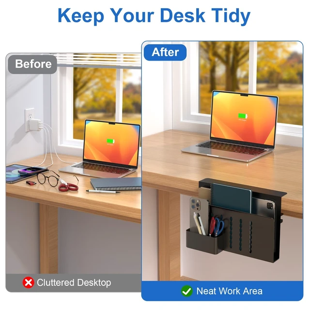 Alt view image 11 of 14 - Desk Side Storage, Single-Layer Steel Hanging Desk Organizer with Magnetic Pen Holder, No Drilling Desk Drawer Cable Management Tray, Under Table Laptop Holder for Office, School&Home(Black)