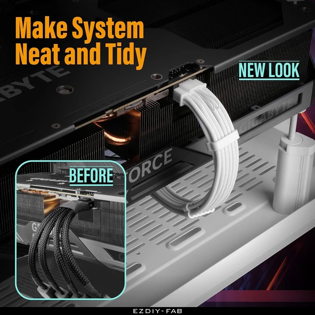 Alt view image 9 of 14 - 12VHPWR PSU Sleeved Cable, 12V-2x6, 600W, 60cm, Pure White | 12+4 Pin Male-Male, Direct PSU-to-GPU, 16AWG GPU Power Cable, Cable Combs Included, Clean Cable Routing, RTX 40/50 Series