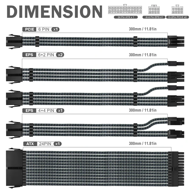 Alt view image 9 of 14 - 18AWG PSU Cable Extension GPU PC Power Supply Braided Cables, 1x24Pin ATX/1x8Pin(4+4) EPS/2x8Pin(6+2) PCIE Extension Cable -30CM