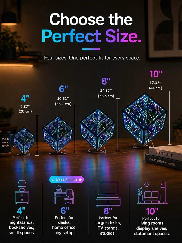 Alt view image 11 of 14 - Infinity Mirror Hyper Cube Table Lamp, Desk Art Mood Light | Color-Changing Sound-Activated APP-Controlled Ambient Light for Gaming, Party, Home, Gift
