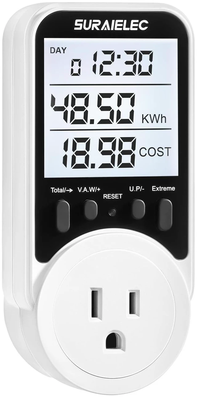 Alt view image 8 of 14 - Outlet Watt Meter, 90-250V Wide Range Power Meter Cost Calculator | Plug-in Electricity Usage Monitor, Large Backlit Display, Overload Protection, Kilowatt, kWh, Voltage, Amp & Wattage Meter