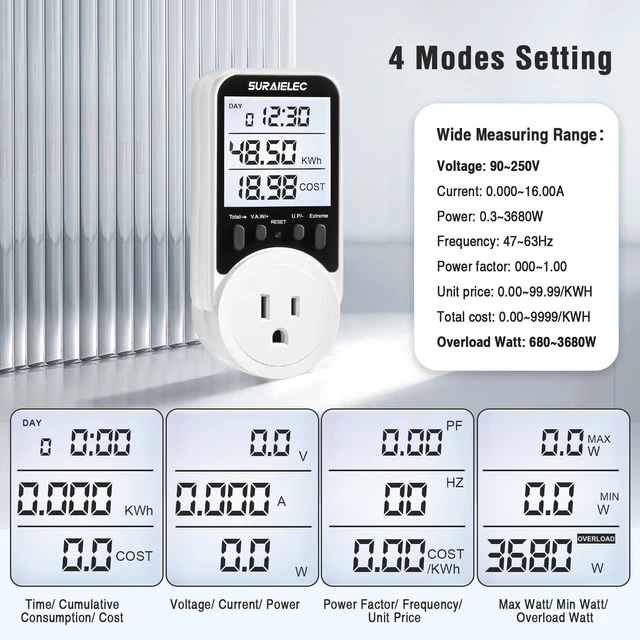 Alt view image 10 of 14 - Outlet Watt Meter, 90-250V Wide Range Power Meter Cost Calculator | Plug-in Electricity Usage Monitor, Large Backlit Display, Overload Protection, Kilowatt, kWh, Voltage, Amp & Wattage Meter