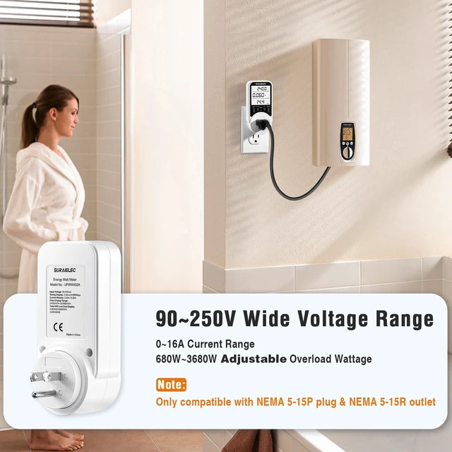 Alt view image 11 of 14 - Outlet Watt Meter, 90-250V Wide Range Power Meter Cost Calculator | Plug-in Electricity Usage Monitor, Large Backlit Display, Overload Protection, Kilowatt, kWh, Voltage, Amp & Wattage Meter