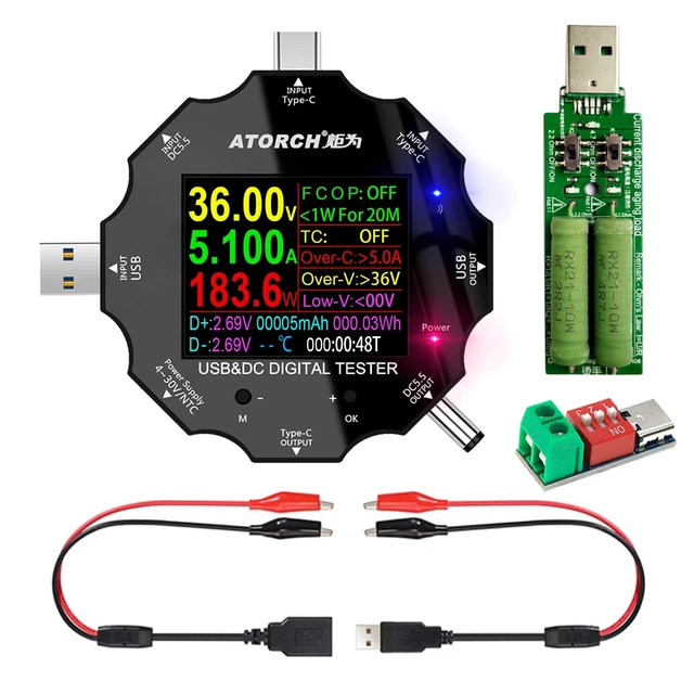 Alt view image 8 of 14 - USB C Tester, 3 in 1 Type C DC5.5 USB Meter USB Load Color Screen IPS Digital Multimeter,Voltage,Current,Power,Resistance,Capacity Detector,with Clip Cable Support PD2.0/PD3.0,QC2.0/QC3.0