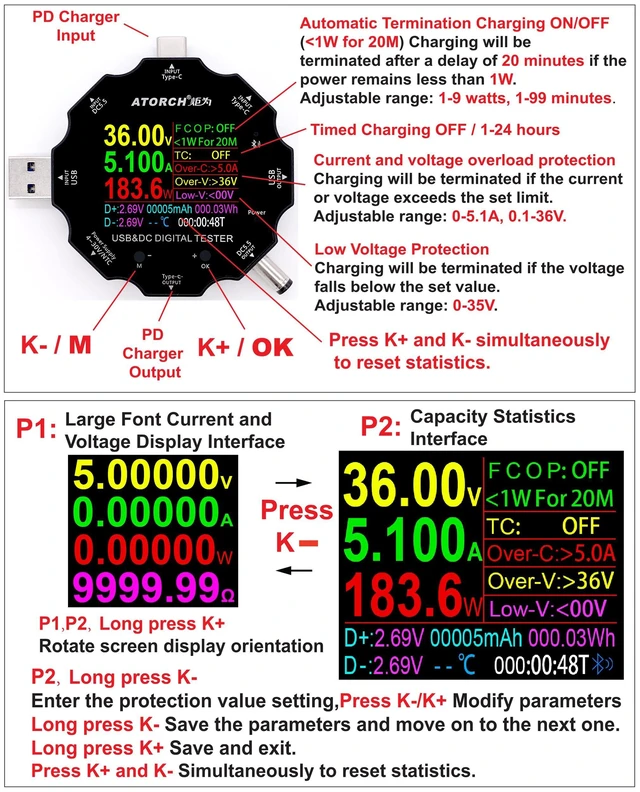 Alt view image 9 of 14 - USB C Tester, 3 in 1 Type C DC5.5 USB Meter USB Load Color Screen IPS Digital Multimeter,Voltage,Current,Power,Resistance,Capacity Detector,with Clip Cable Support PD2.0/PD3.0,QC2.0/QC3.0