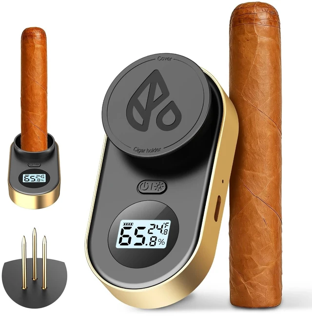 Alt view image 8 of 14 - Digital Cigar Hygrometer, 3-Probe Moisture Meter, Gold | Core and ambient sensing, 70% color alert, rechargeable battery, Type-C charging, holder, pouch and cable