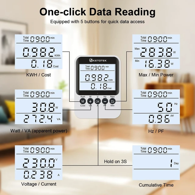 Alt view image 10 of 14 - Watt Meter Plug, Power Meter with Backlight, Upgraded Electricity Usage Monitor Consumption, Display Connected via Cable, Overload Protection, Wattage Meter For Home Electrical Monitoring