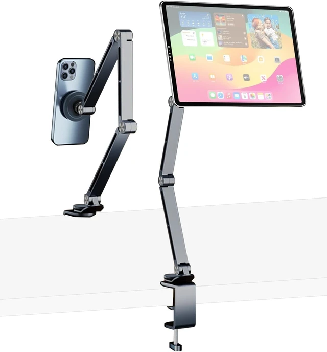 Alt view image 8 of 14 - Magnetic Aluminum Desk Stand for Phone, iPad & Tablet Overhead Arm Mount with 360° Rotating Base for MagSafe, iPhone & Android (Magnetic Gray)