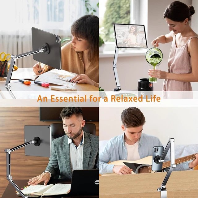 Alt view image 14 of 14 - Magnetic Aluminum Desk Stand for Phone, iPad & Tablet Overhead Arm Mount with 360° Rotating Base for MagSafe, iPhone & Android (Magnetic Gray)