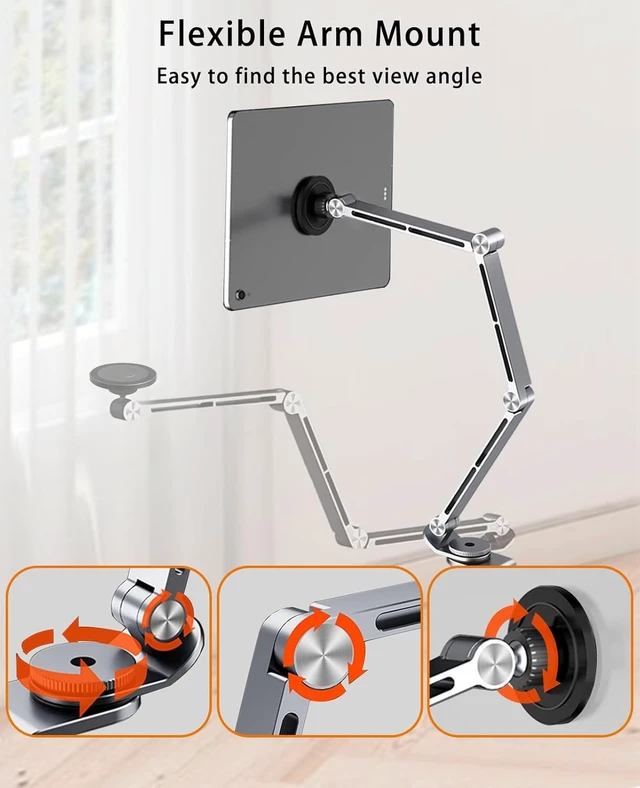 Alt view image 10 of 14 - Magnetic Aluminum Desk Stand for Phone, iPad & Tablet Overhead Arm Mount with 360° Rotating Base for MagSafe, iPhone & Android (Magnetic Gray)