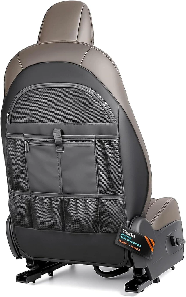 Alt view image 12 of 14 - Back Seat organizer for Tesla Model 3 / Model Y (Premium Vegan Leather) Custom fit Car Seat Back Protector with Storage Pockets (Black)