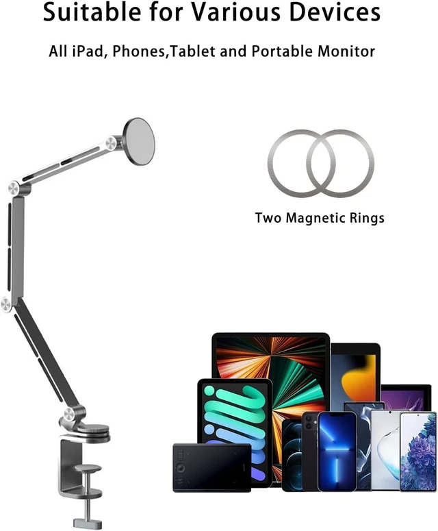 Alt view image 11 of 14 - Magnetic Aluminum Desk Stand for Phone, iPad & Tablet Overhead Arm Mount with 360° Rotating Base for MagSafe, iPhone & Android (Magnetic Gray)