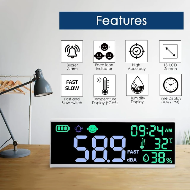 Alt view image 9 of 14 - 13 Inch Decibel Meter - Wall Hanging Sound Level Meter with Large LED Display, Noise, Temperature, Humidity, Time Monitor for Classroom