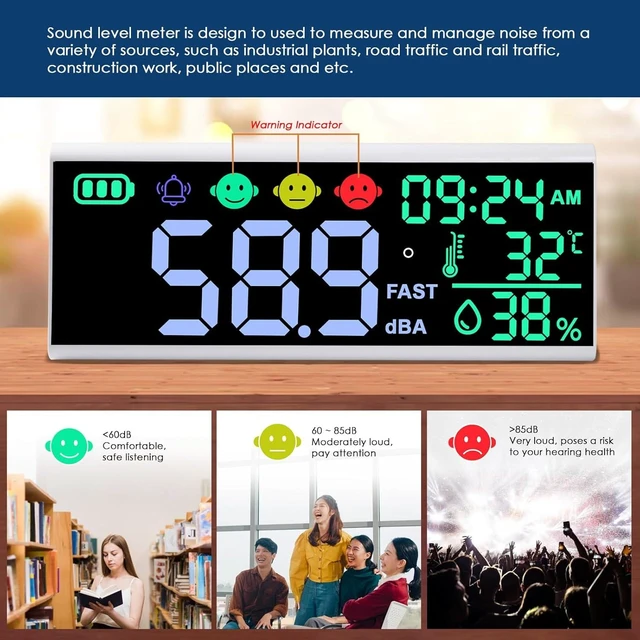Alt view image 10 of 14 - 13 Inch Decibel Meter - Wall Hanging Sound Level Meter with Large LED Display, Noise, Temperature, Humidity, Time Monitor for Classroom