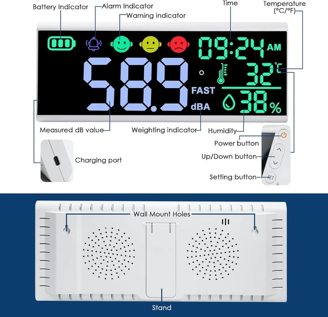 Alt view image 11 of 14 - 13 Inch Decibel Meter - Wall Hanging Sound Level Meter with Large LED Display, Noise, Temperature, Humidity, Time Monitor for Classroom