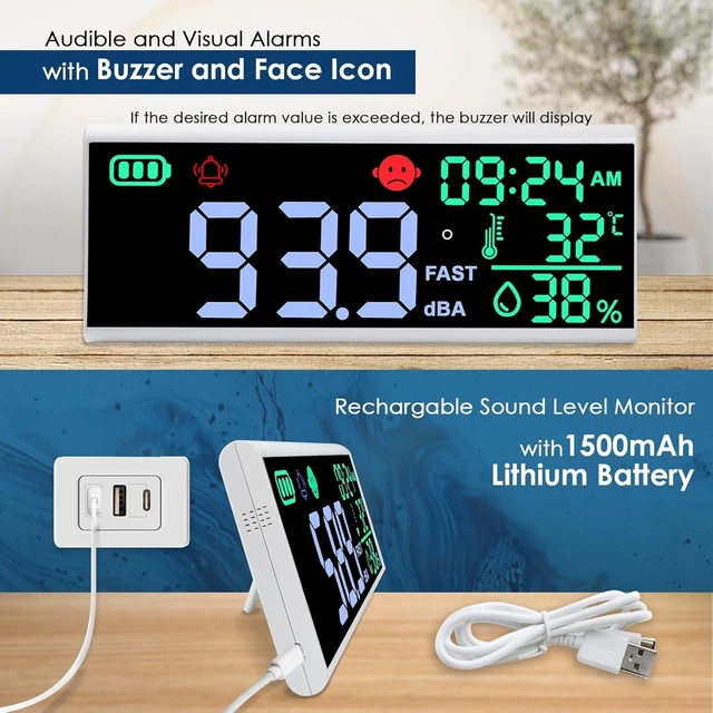 Alt view image 12 of 14 - 13 Inch Decibel Meter - Wall Hanging Sound Level Meter with Large LED Display, Noise, Temperature, Humidity, Time Monitor for Classroom