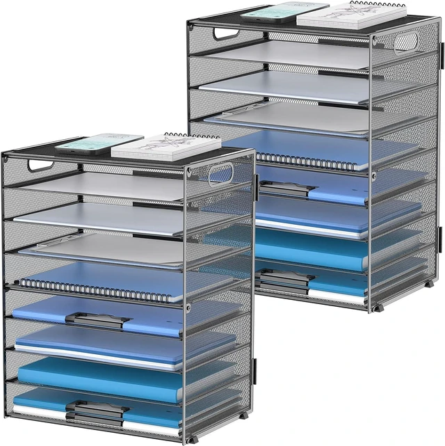 Alt view image 7 of 12 - 9-Tier Paper Organizer for Desk, Mesh Letter Tray Desk Organizer with Handles, Space-Saving File Organizer for Office Home School, Black 2 Pack