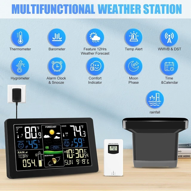Alt view image 9 of 14 - Digital Rain Gauge and Weather Station, Wireless Rain Gauge Outdoor, Home Weather Stations Wireless Indoor Outdoor with Thermometer, Barometer, Hygrometer, Atomic Clock, Weather Forecast and Alerts