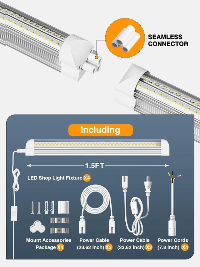 Alt view image 13 of 14 - LED Shop Lights for Garage Workshop, Super Brightness 6500K 25W Daylight 3750LM, Plug and Play, Linkable T8 Tube Fixtures, Utility Shop Light (4 Pack)