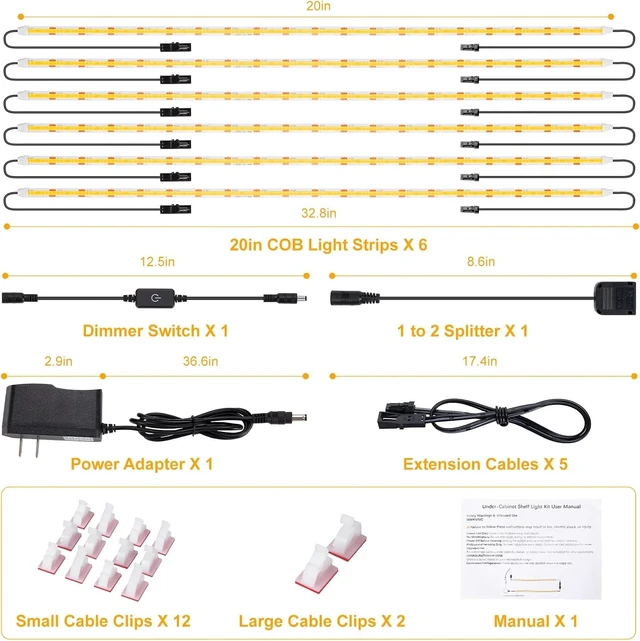 Alt view image 14 of 14 - 6-Pack 20-Inch Dimmable COB LED Shelf Light Strips, Warm White 3000K Under-Cabinet Lighting for Display Case, Bookshelf, Kitchen, Wardrobe & Closet
