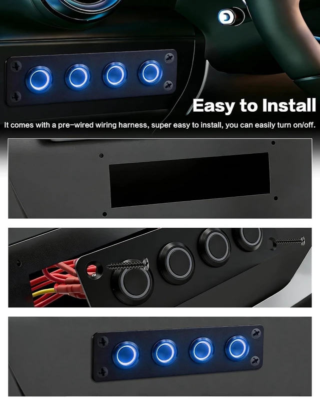 Alt view image 10 of 14 - 4-Gang Pre-Wired DC 12V Switch Panel with Blue LED Buttons IP65 Waterproof Frosted Black Aluminum, Ideal for Marine, Car, RV & Truck
