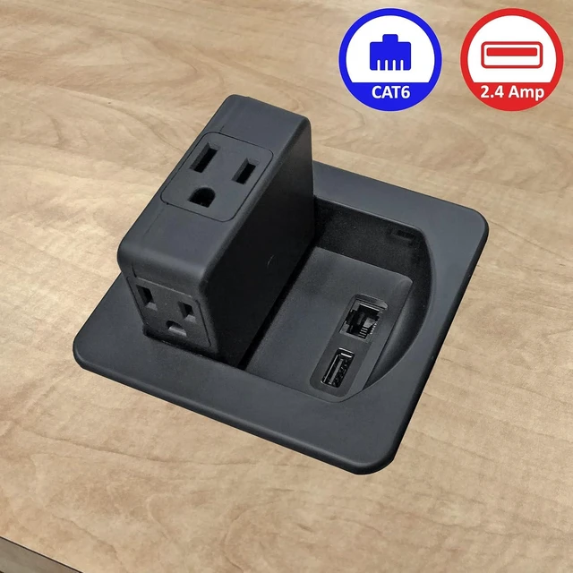Alt view image 6 of 6 - 3 AC Power Outlets with 1 CAT6 Ethernet RJ45 Data Port + 1 USB Charging Ports - 2.4 Amp Fast Charger - Flip Top Swivel Power Center - Black