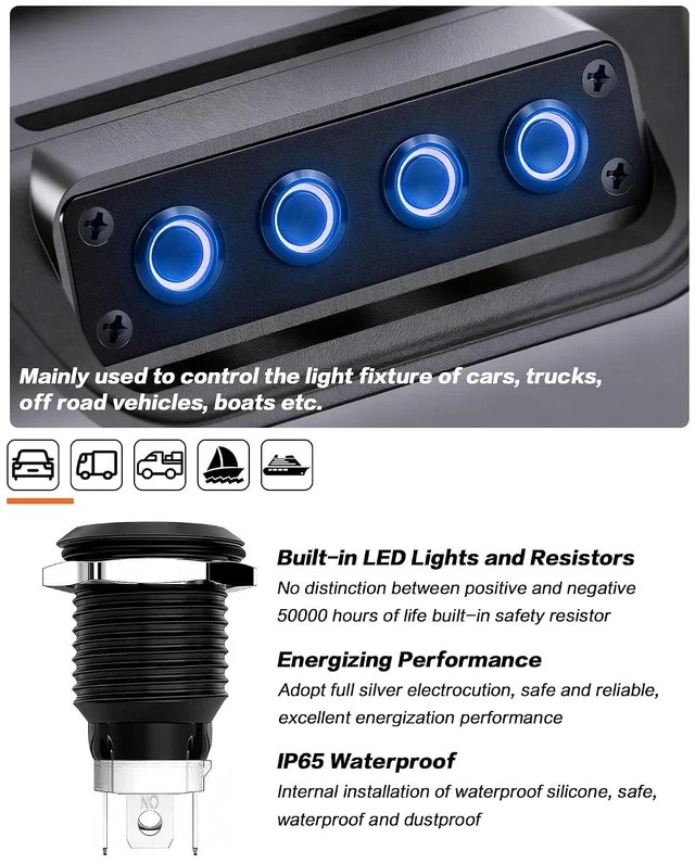 Alt view image 12 of 14 - 4-Gang Pre-Wired DC 12V Switch Panel with Blue LED Buttons IP65 Waterproof Frosted Black Aluminum, Ideal for Marine, Car, RV & Truck