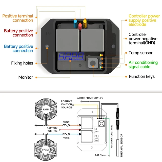 Alt view image 9 of 14 - 12V/24V Thermatic Dual Fan Controller Switch #0444, 104F-230F Range LED Real-Time Display, Digital Radiator Electric Fan Relay Kit
