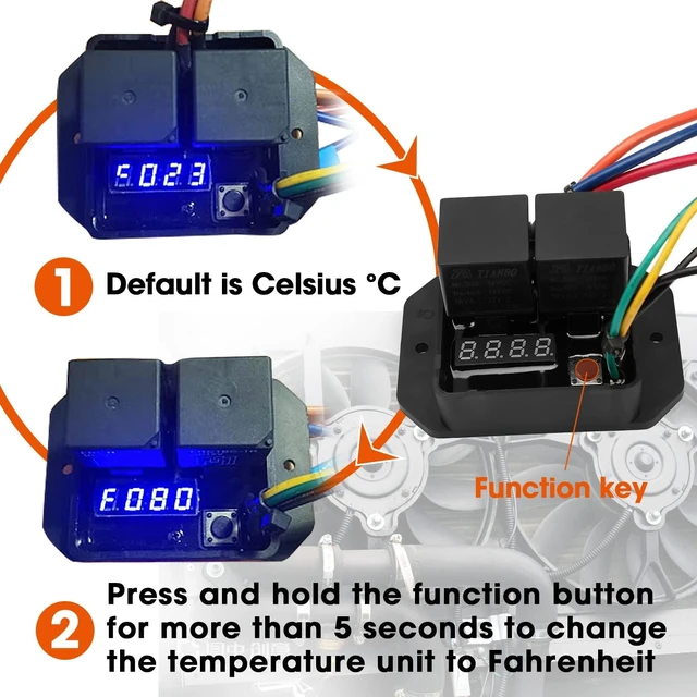 Alt view image 13 of 14 - 12V/24V Thermatic Dual Fan Controller Switch #0444, 104F-230F Range LED Real-Time Display, Digital Radiator Electric Fan Relay Kit