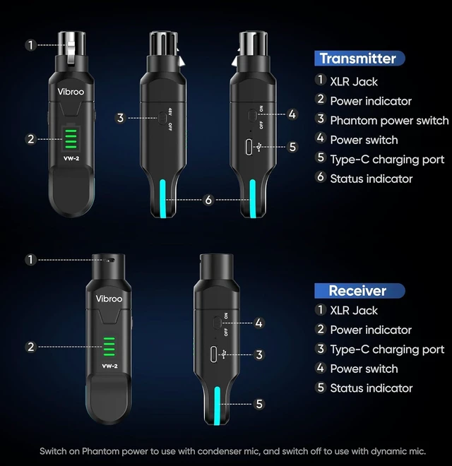 Alt view image 9 of 12 - Wireless XLR Transmitter and Receiver - 2.4GHz Wireless Microphone System, 100ft Range, 48V Phantom Power, Ultra-Low Latency for Streaming, Recording
