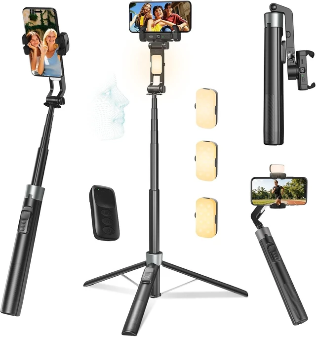 Alt view image 8 of 14 - 360° Face Tracking Selfie Stick Tripod with Handheld stabilizer Function, 70.9" Extendable Phone Tripod for iPhone with Light & Remote