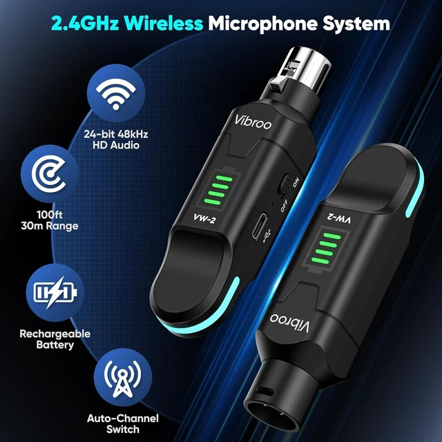 Alt view image 10 of 12 - Wireless XLR Transmitter and Receiver - 2.4GHz Wireless Microphone System, 100ft Range, 48V Phantom Power, Ultra-Low Latency for Streaming, Recording