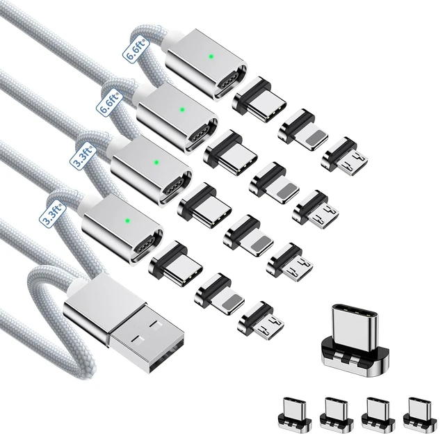 Alt view image 8 of 14 - 3-in-1 Magnetic Charging Cable, 3A Fast Charging (4-Pack, 3.3/3.3/6.6/6.6 ft) Magnetic Phone Charger with USB-C/Micro USB Connector Tips, 5 Pack