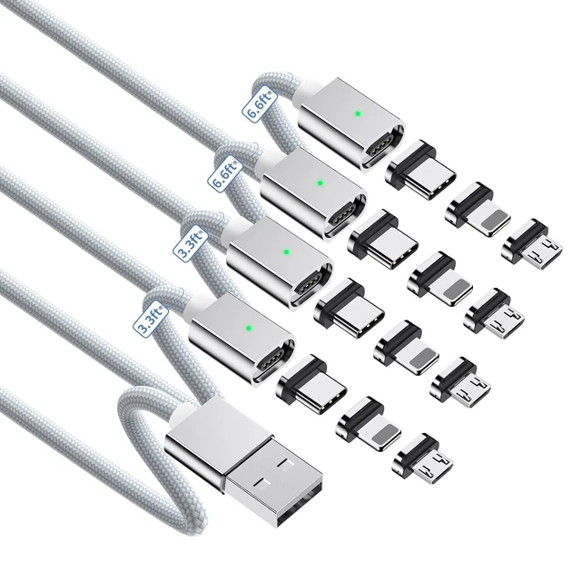 Alt view image 9 of 14 - 3-in-1 Magnetic Charging Cable, 3A Fast Charging (4-Pack, 3.3/3.3/6.6/6.6 ft) Magnetic Phone Charger with USB-C/Micro USB Connector Tips, 5 Pack