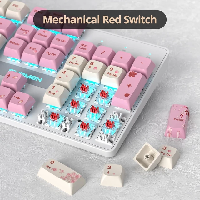 Alt view image 10 of 14 - Full Size Mechanical Keyboard, Creamy Keyboard with Number Pad, 104 Keys Pink Wired Gaming Keyboard with Red Switch, RGB Backlit for PC Laptop