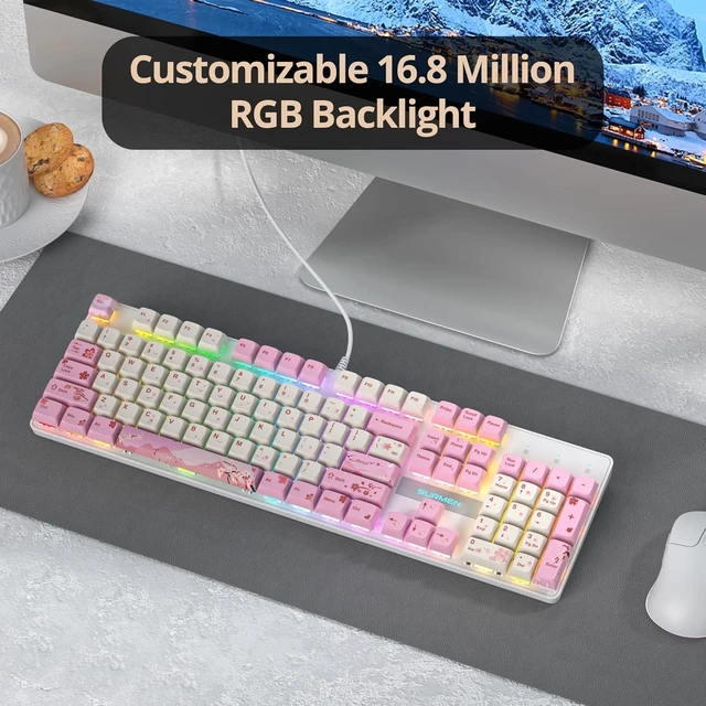 Alt view image 11 of 14 - Full Size Mechanical Keyboard, Creamy Keyboard with Number Pad, 104 Keys Pink Wired Gaming Keyboard with Red Switch, RGB Backlit for PC Laptop