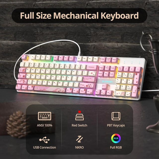 Alt view image 9 of 14 - Full Size Mechanical Keyboard, Creamy Keyboard with Number Pad, 104 Keys Pink Wired Gaming Keyboard with Red Switch, RGB Backlit for PC Laptop