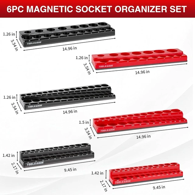 Alt view image 9 of 12 - 6Pcs Magnetic Socket Organizer Set,1/4", 3/8", 1/2" Magnetic Sockets Trays Holds 143 Pieces (Black, Red)