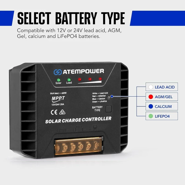 Alt view image 9 of 14 - 20A 12V/24V MPPT Solar Charge Controller Selecting Battery Type Activate Lithium Battery ligent Solar Controller Compatible with Lead Acid, AGM, Gel, Calcium and LiFePO4 Battery