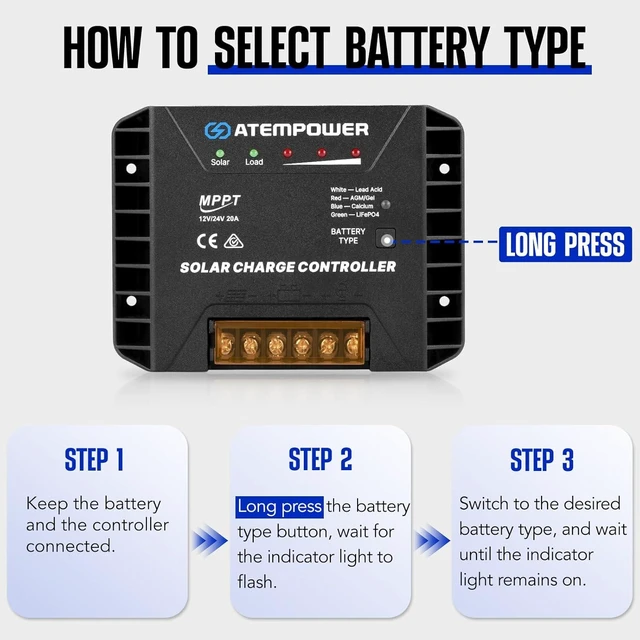 Alt view image 10 of 14 - 20A 12V/24V MPPT Solar Charge Controller Selecting Battery Type Activate Lithium Battery ligent Solar Controller Compatible with Lead Acid, AGM, Gel, Calcium and LiFePO4 Battery