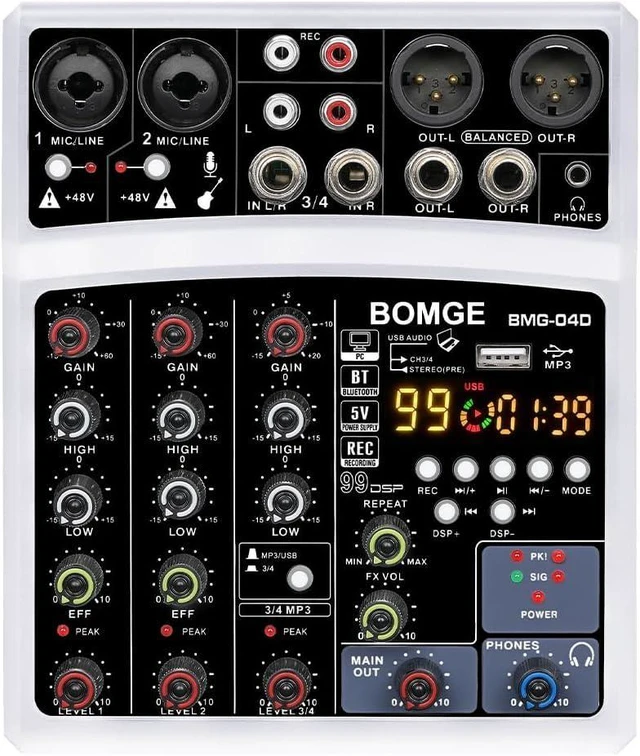 Alt view image 8 of 14 - 4 Channel dj Bluetooth Audio Mini Mixer with 99DSP Processor, USB Interface, Stereo Recording, 48V Phantom Power for PC,phone(White)