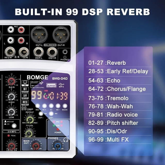 Alt view image 10 of 14 - 4 Channel dj Bluetooth Audio Mini Mixer with 99DSP Processor, USB Interface, Stereo Recording, 48V Phantom Power for PC,phone(White)