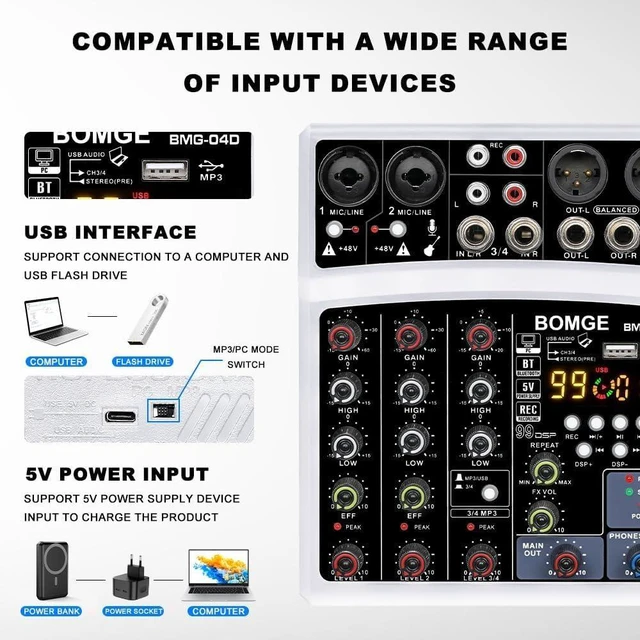Alt view image 9 of 14 - 4 Channel dj Bluetooth Audio Mini Mixer with 99DSP Processor, USB Interface, Stereo Recording, 48V Phantom Power for PC,phone(White)