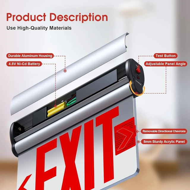 Alt view image 8 of 12 - Led Edge-Lit Exit Sign ,Brushed Aluminum Housing Double-Sided Mirrored Rotating Acrylic Panel,Hardwired Emergency Exit Signs with Battery Backup, 120V-347VAC,Red Led Emergency Exit Light for Business