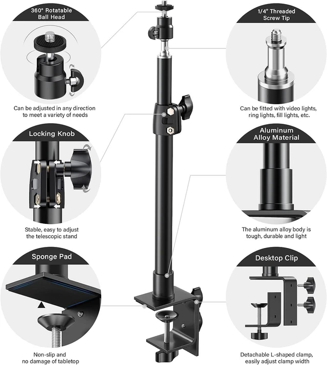 Alt view image 12 of 14 - 2-Pack Camera Desk Mount Stand with 1/4" Ball Head and Cold Shoe Mount Adapter,12.9-22" Tabletop Mounts Stand, Adjustable Aluminum Desktop Light Stand, for DSLR Camera, Ring Light, Video Light
